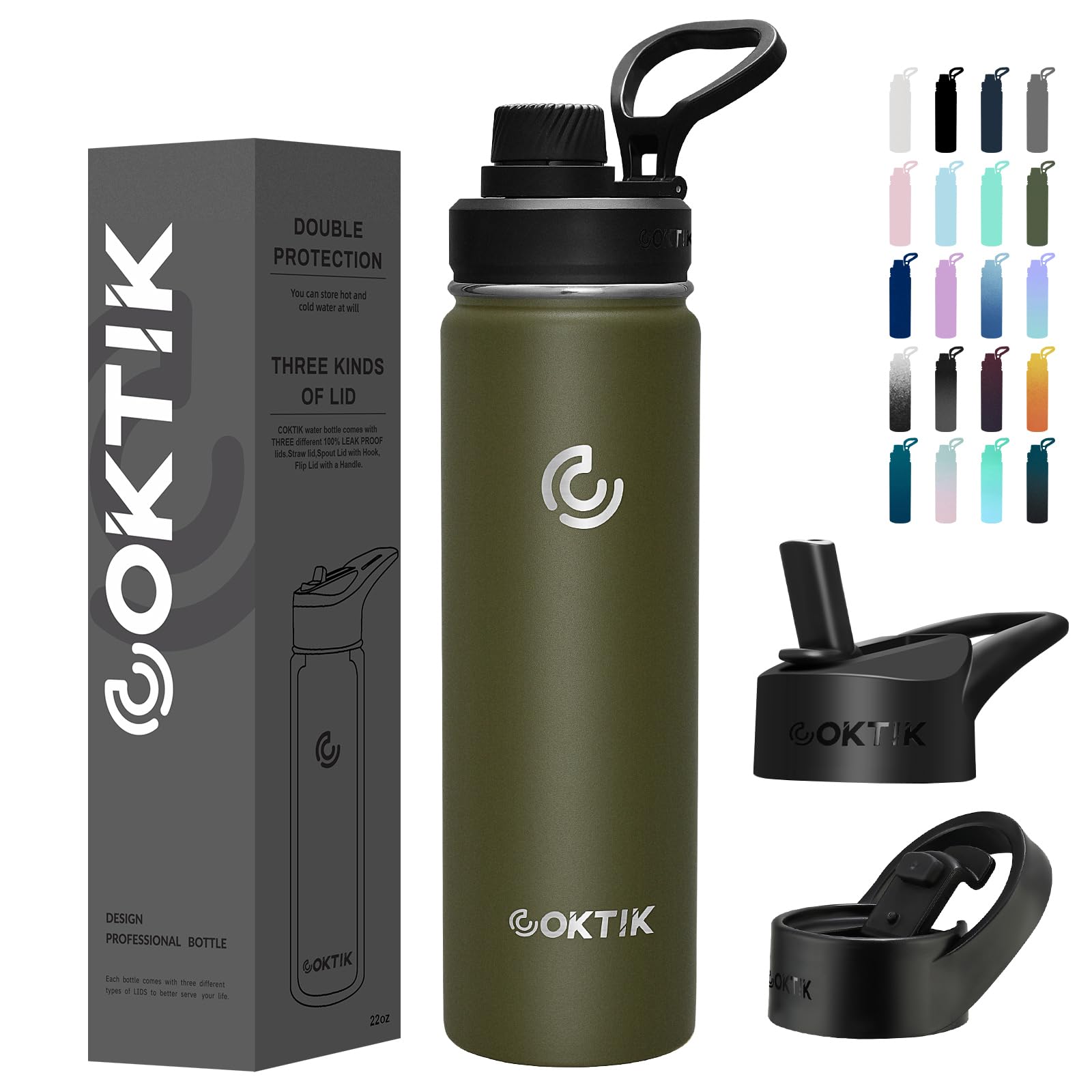 COKTIK Insulated Stainless Steel Water Bottle With Straw Lid, 22 oz Wide Mouth Double Wall Vacuum Insulated Water Bottle Leakproof Lightweight for Hiking, Biking, Running(Army Green)