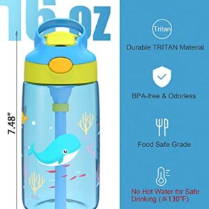 A+ Choice Kids Water Bottle with Straw & Handle - 16 oz BPA Free Kids Water Bottles, Spill Proof, Easy-Clean, Dishwasher Safe - Cute Whale Sky Blue