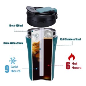 Travel Coffee Mug, 2 Pack Vacuum Insulated Coffee Travel Mug Spill Proof with Lid and Straw, 14 oz Reusable Coffee Tumbler for Keep Hot/Ice Coffee,Tea and Beer, Car Thermos Cup Gift for Christmas