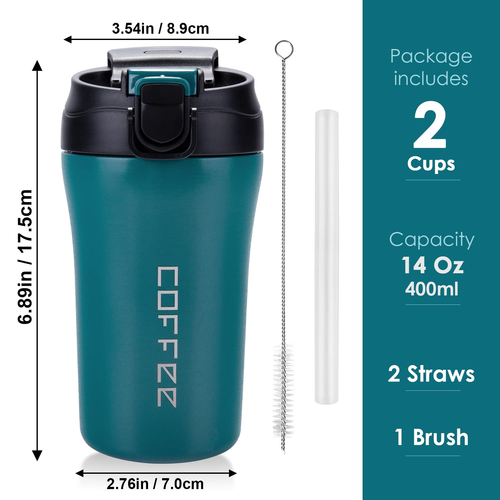 Travel Coffee Mug, 2 Pack Vacuum Insulated Coffee Travel Mug Spill Proof with Lid and Straw, 14 oz Reusable Coffee Tumbler for Keep Hot/Ice Coffee,Tea and Beer, Car Thermos Cup Gift for Christmas