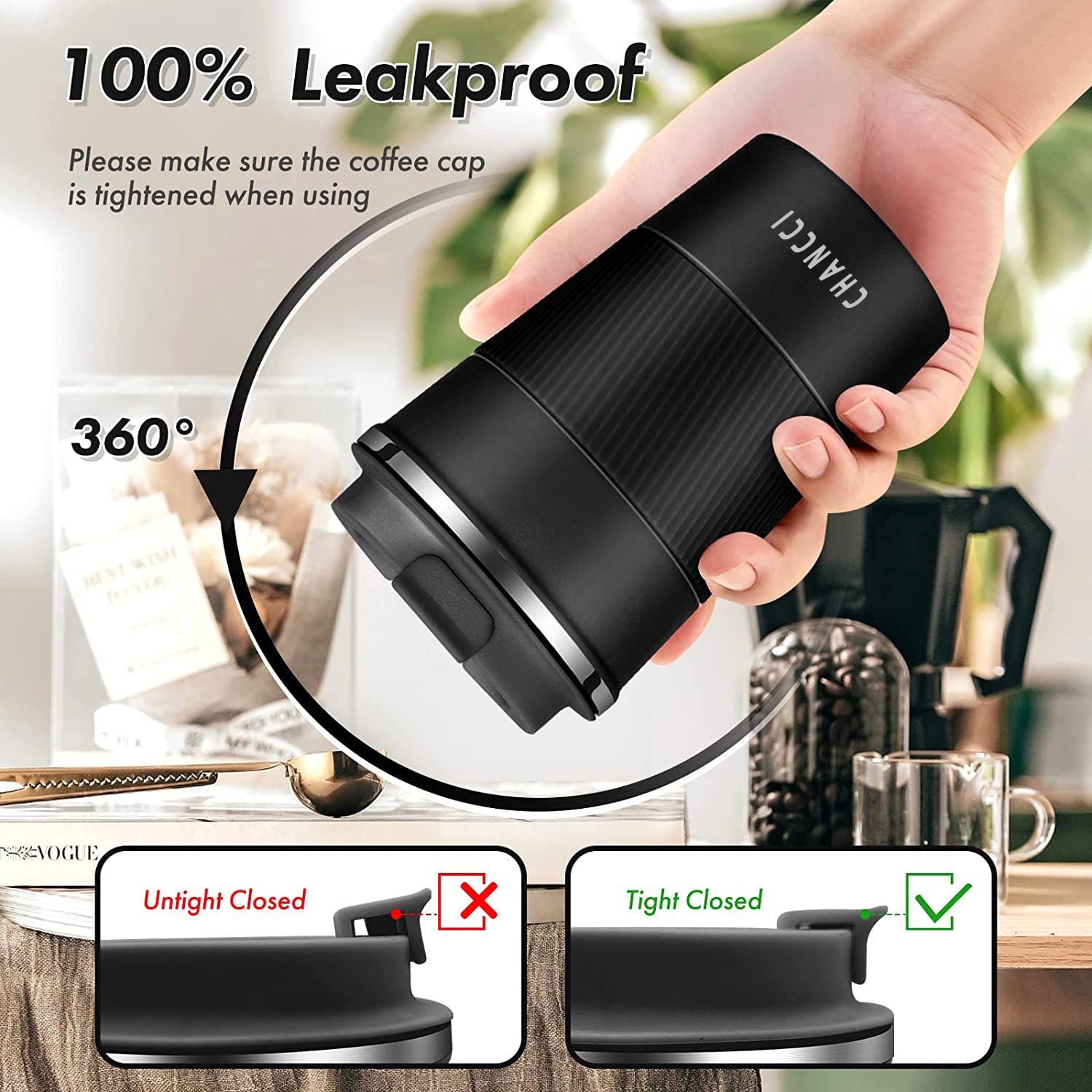 Travel Coffee Mug Spill Proof Leakproof 16 oz Insulated Coffee Mug with Screw Lid, Stainless Steel Vacuum Tumbler Reusable Thermal Coffee Cup to go for Hot and Cold Drinks -510ml,Black