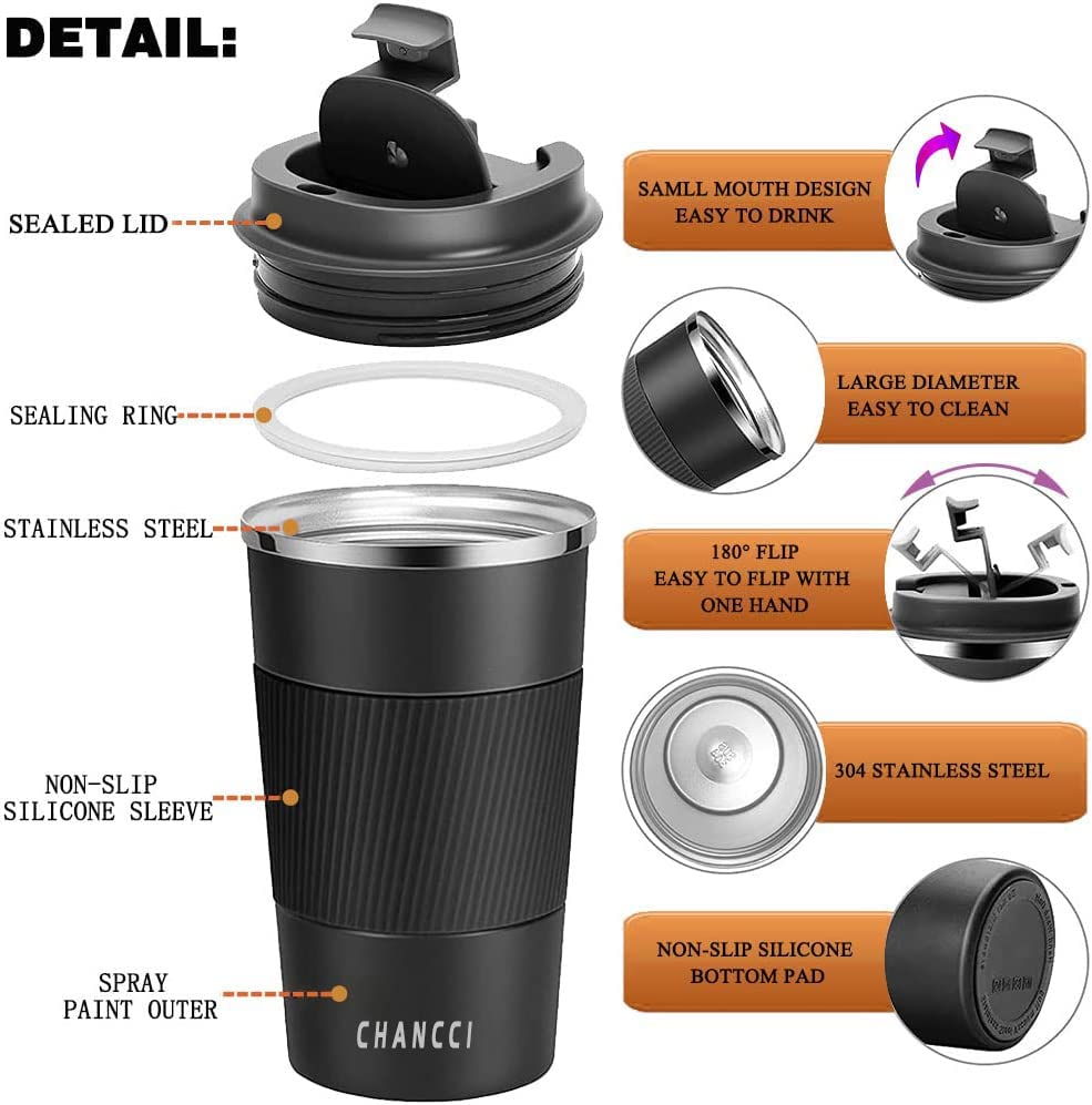 Travel Coffee Mug Spill Proof Leakproof 16 oz Insulated Coffee Mug with Screw Lid, Stainless Steel Vacuum Tumbler Reusable Thermal Coffee Cup to go for Hot and Cold Drinks -510ml,Black