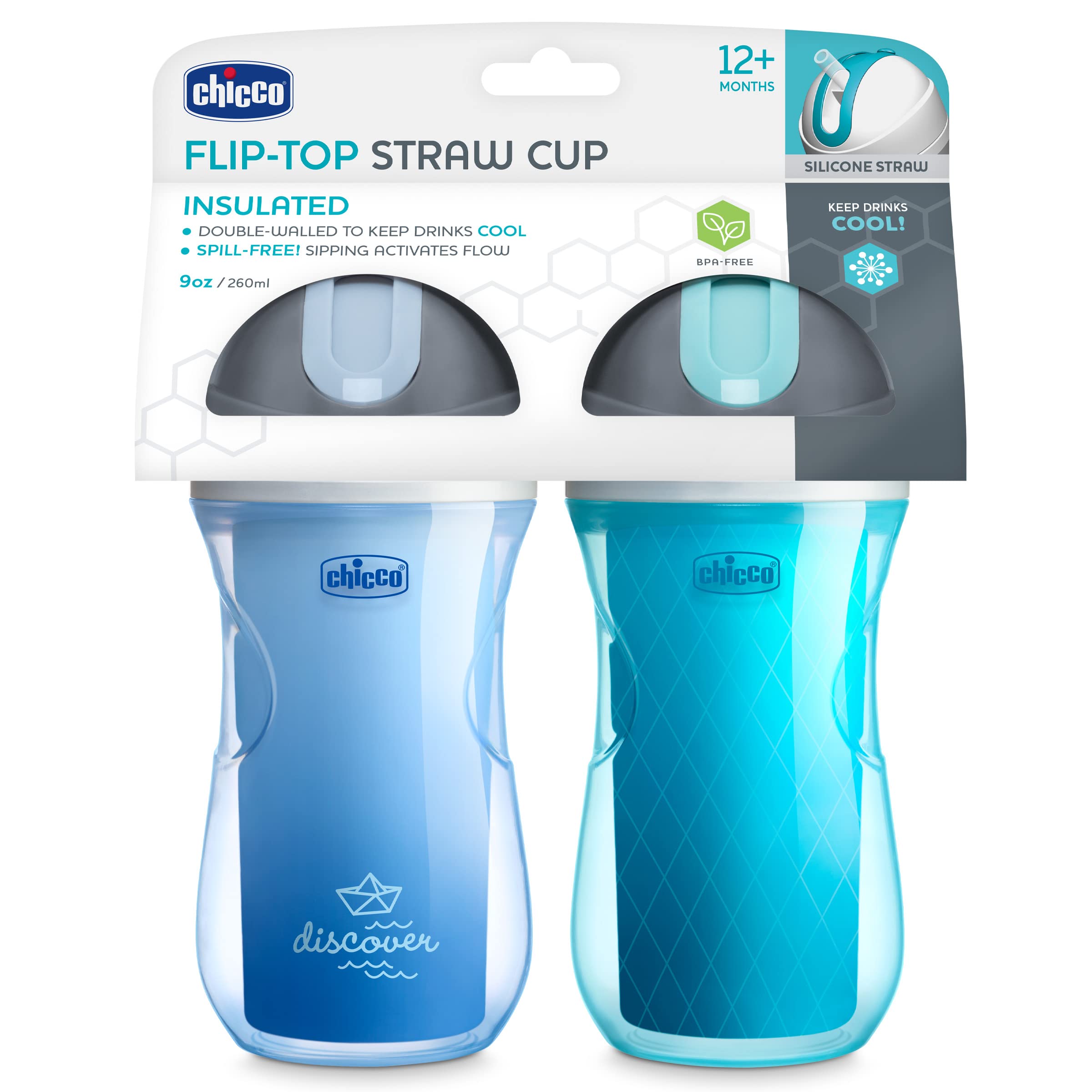 Chicco Insulated Sippy Cup with Straw, Spill-Free Lid, Dishwasher Safe - Blue/Teal, 9 oz/ 260 ml, 2 Count (Pack of 1)