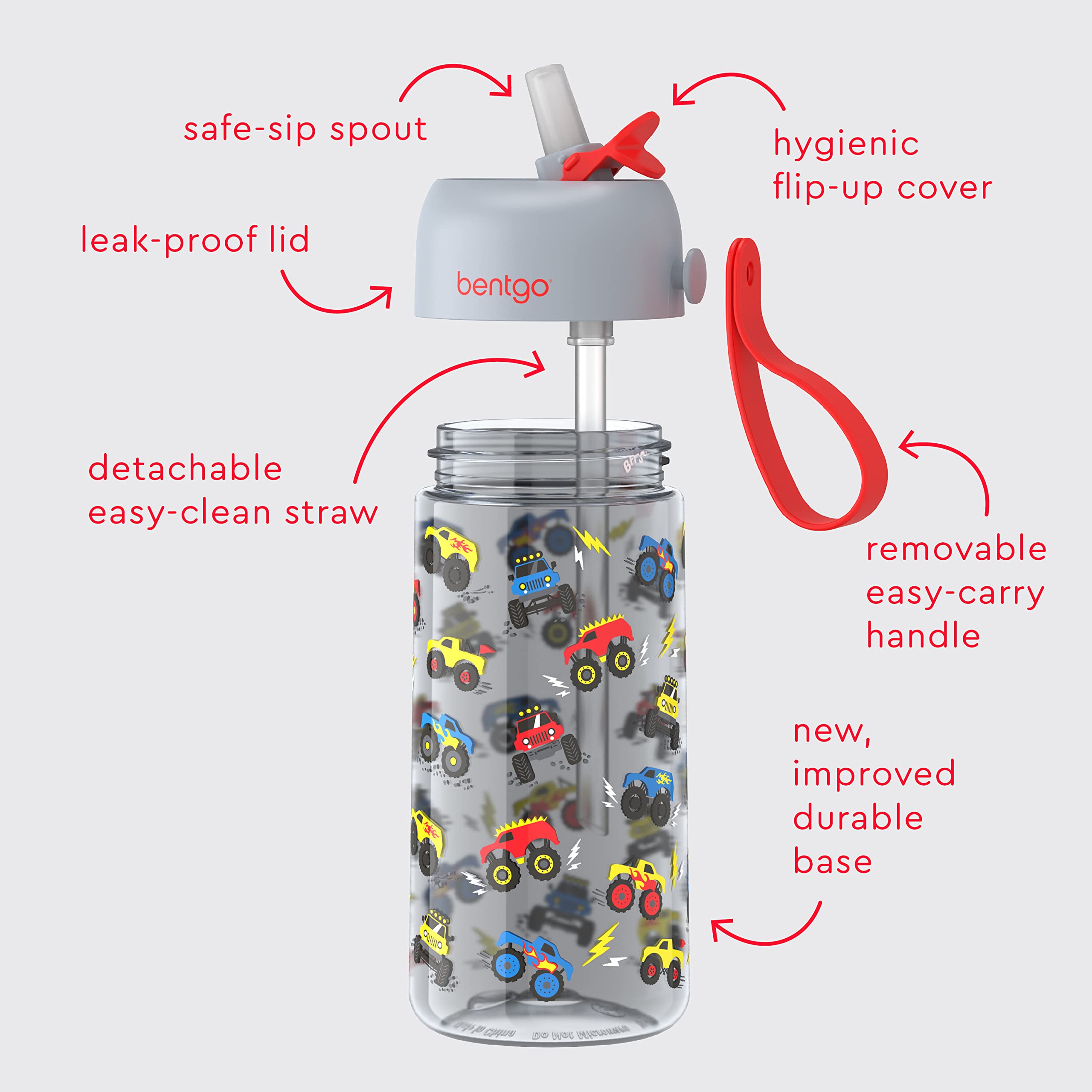 Bentgo® Kids Water Bottle - New & Improved 2023 Leak-Proof, BPA-Free 15 oz. Cup for Toddlers & Children - Flip-Up Safe-Sip Straw for School, Sports, Daycare, Camp & More (Trucks)