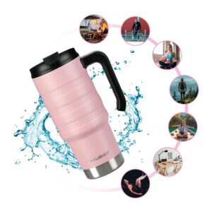 HAUSHOF 24 oz Travel Mug, Stainless Double Wall Vacuum Insulated Tumbler with Handle & Spill Proof Twist On Flip Lid and Wide Mouth, BPA Free (Pink)