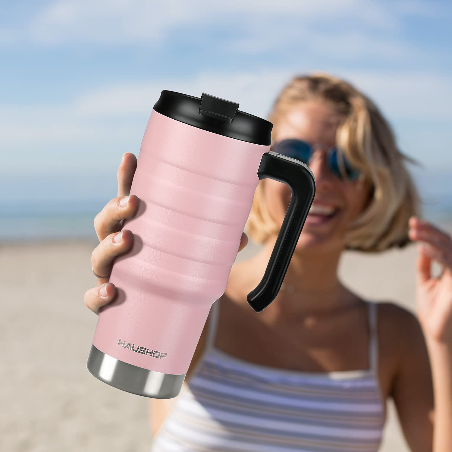 HAUSHOF 24 oz Travel Mug, Stainless Double Wall Vacuum Insulated Tumbler with Handle & Spill Proof Twist On Flip Lid and Wide Mouth, BPA Free (Pink)