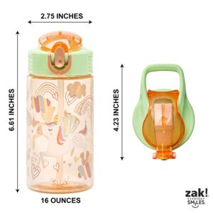 Zak Designs Kids Water Bottle For School or Travel, 16oz Durable Plastic Water Bottle With Straw, Handle, and Leak-Proof, Pop-Up Spout Cover (Unicorn)