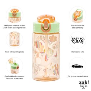 Zak Designs Kids Water Bottle For School or Travel, 16oz Durable Plastic Water Bottle With Straw, Handle, and Leak-Proof, Pop-Up Spout Cover (Unicorn)