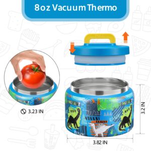 MAISON HUIS 8oz Soup Thermo Wide Mouth Vacuum Insulated Thermo Food Jar, Leak Proof Stainless Steel Food Thermo for Hot&Cold Food Kids Food Lunch Soup Container for School Travel (F-Blue-Dinosaur)