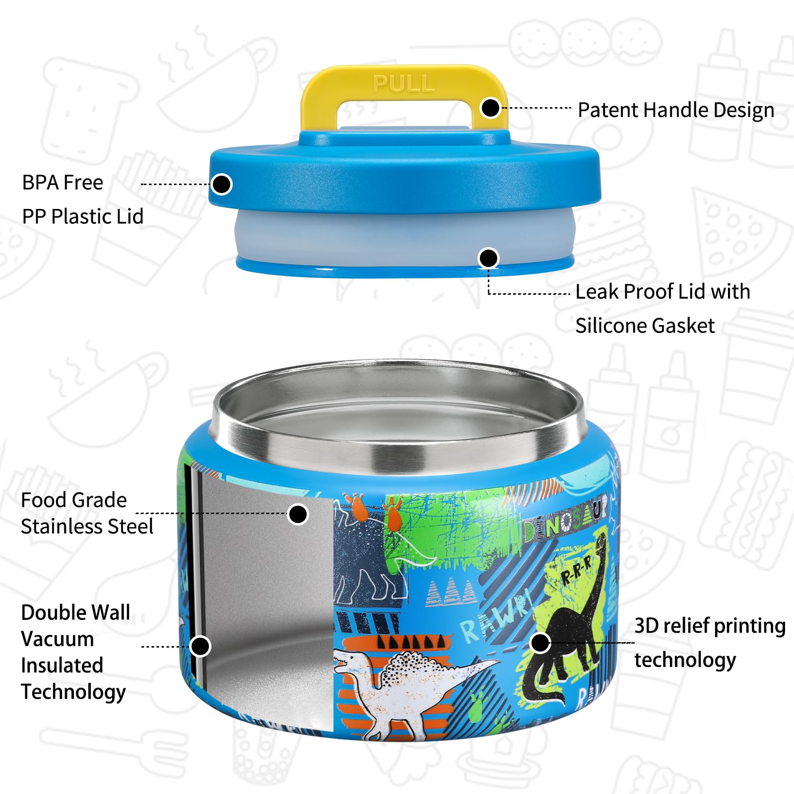 MAISON HUIS 8oz Soup Thermo Wide Mouth Vacuum Insulated Thermo Food Jar, Leak Proof Stainless Steel Food Thermo for Hot&Cold Food Kids Food Lunch Soup Container for School Travel (F-Blue-Dinosaur)