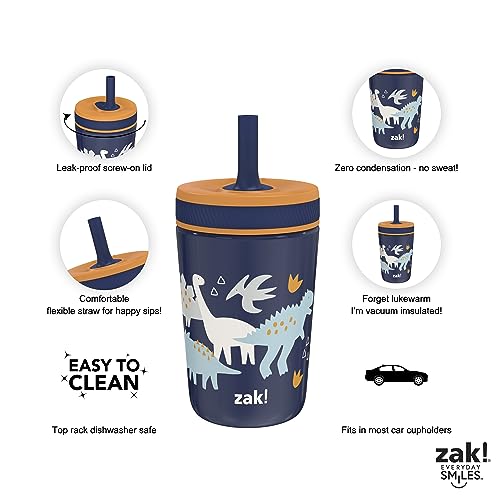 Zak Designs Kelso Toddler Cups For Travel or At Home, 12oz Vacuum Insulated Stainless Steel Sippy Cup With Leak-Proof Design is Perfect For Kids (Zaksaurus)