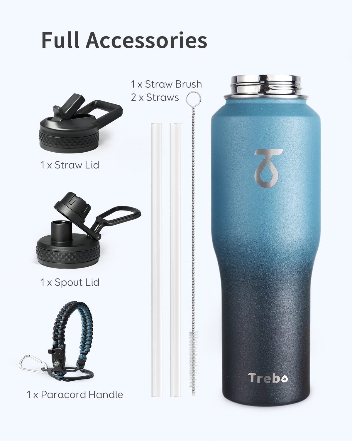 Trebo 32oz Insulated Water Bottle that Fits in Cup Holder, Stainless Steel Double Wall Tumbler Flask Bottles with Paracord Handle, with Straw Spout Lids, Keep Cold for 48 Hrs/Hot 24 Hrs,Indigo/Black