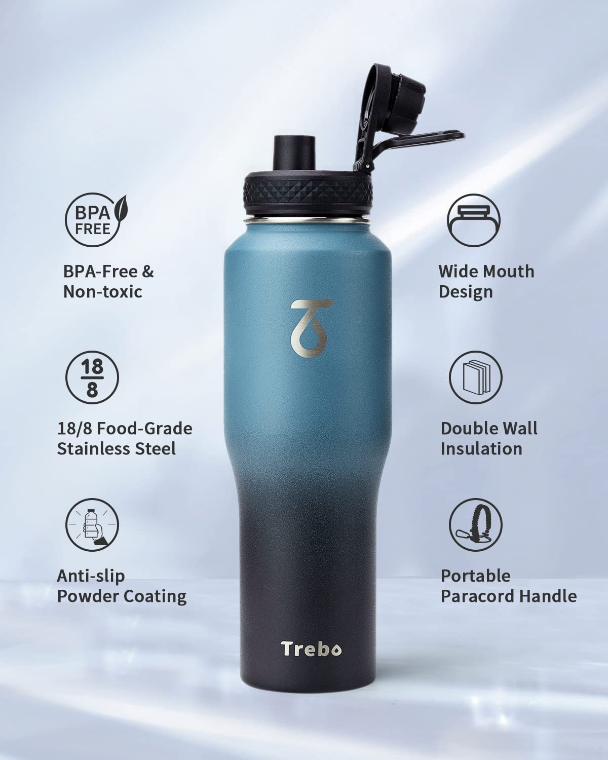 Trebo 32oz Insulated Water Bottle that Fits in Cup Holder, Stainless Steel Double Wall Tumbler Flask Bottles with Paracord Handle, with Straw Spout Lids, Keep Cold for 48 Hrs/Hot 24 Hrs,Indigo/Black
