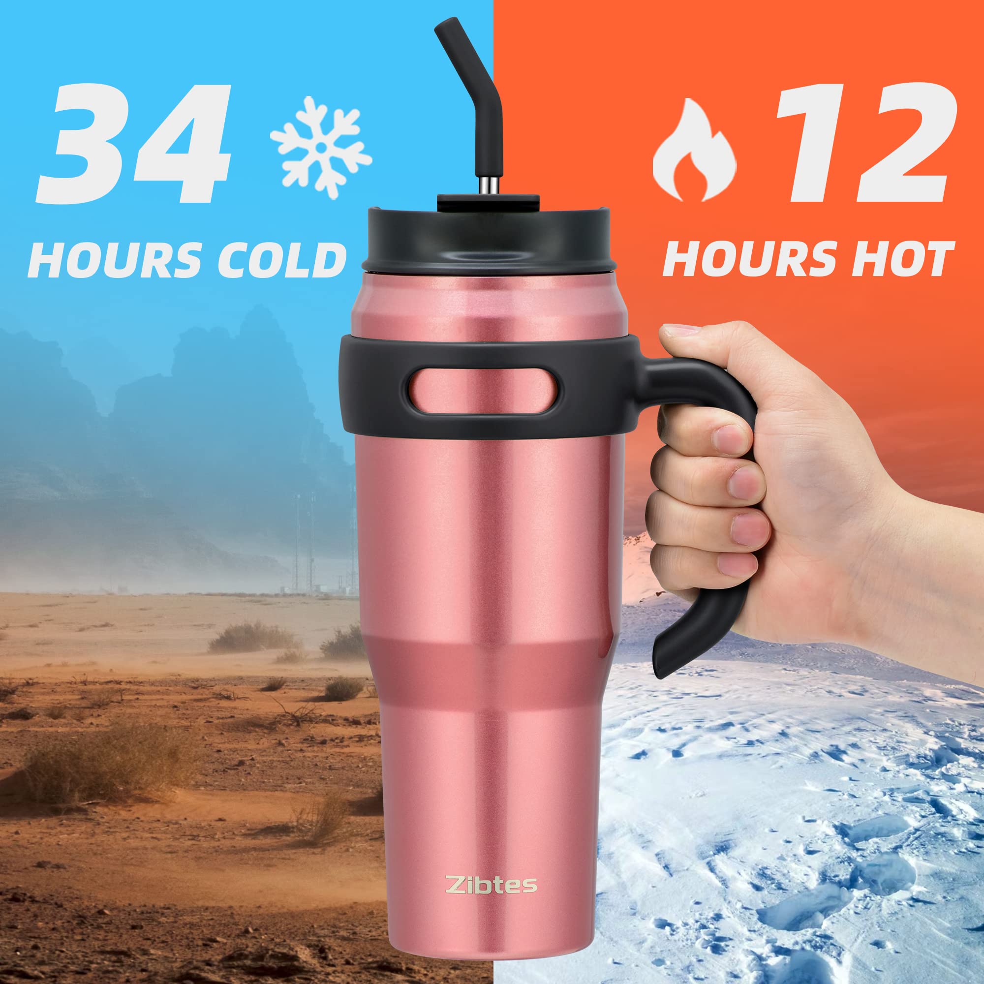 Zibtes 40oz Insulated Tumbler with handle and Lid Straws, Stainless Steel Travel Coffee Cup Holder Friendly, Metal Water Bottle Keeps Drinks Cold up to 34 Hours(Rose gold 1 pack)