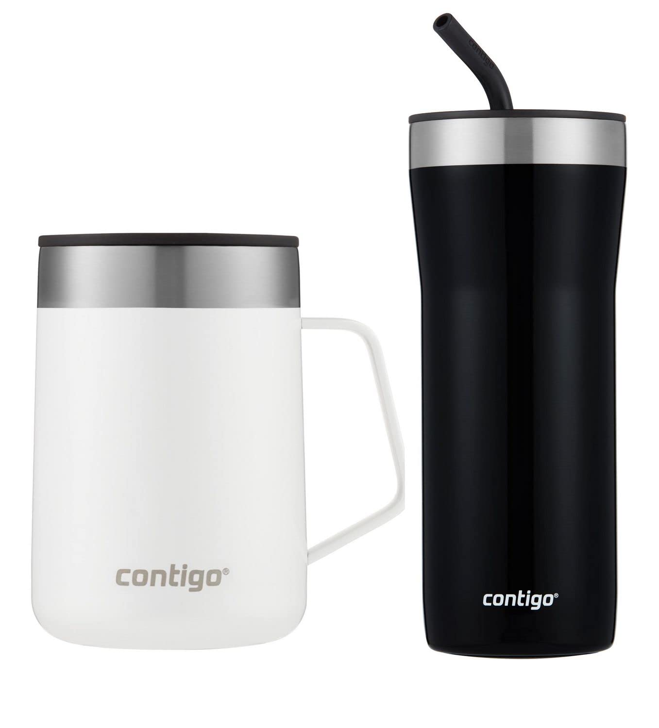 Contigo Insulated Tumblers Travel Mug Set - Streeterville 14 oz. Stainless Steel Tumbler with Handle in Salt White and SNAPSEAL 16 oz. Insulated Stainless Steel Travel Mug in Licorice