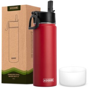 koodee Water Bottle 22 oz Stainless Steel Vacuum Insulated Wide Mouth Water Bottle with Straw Lid, Reusable Metal Sports Water Flask BPA Free(Canyon Red)