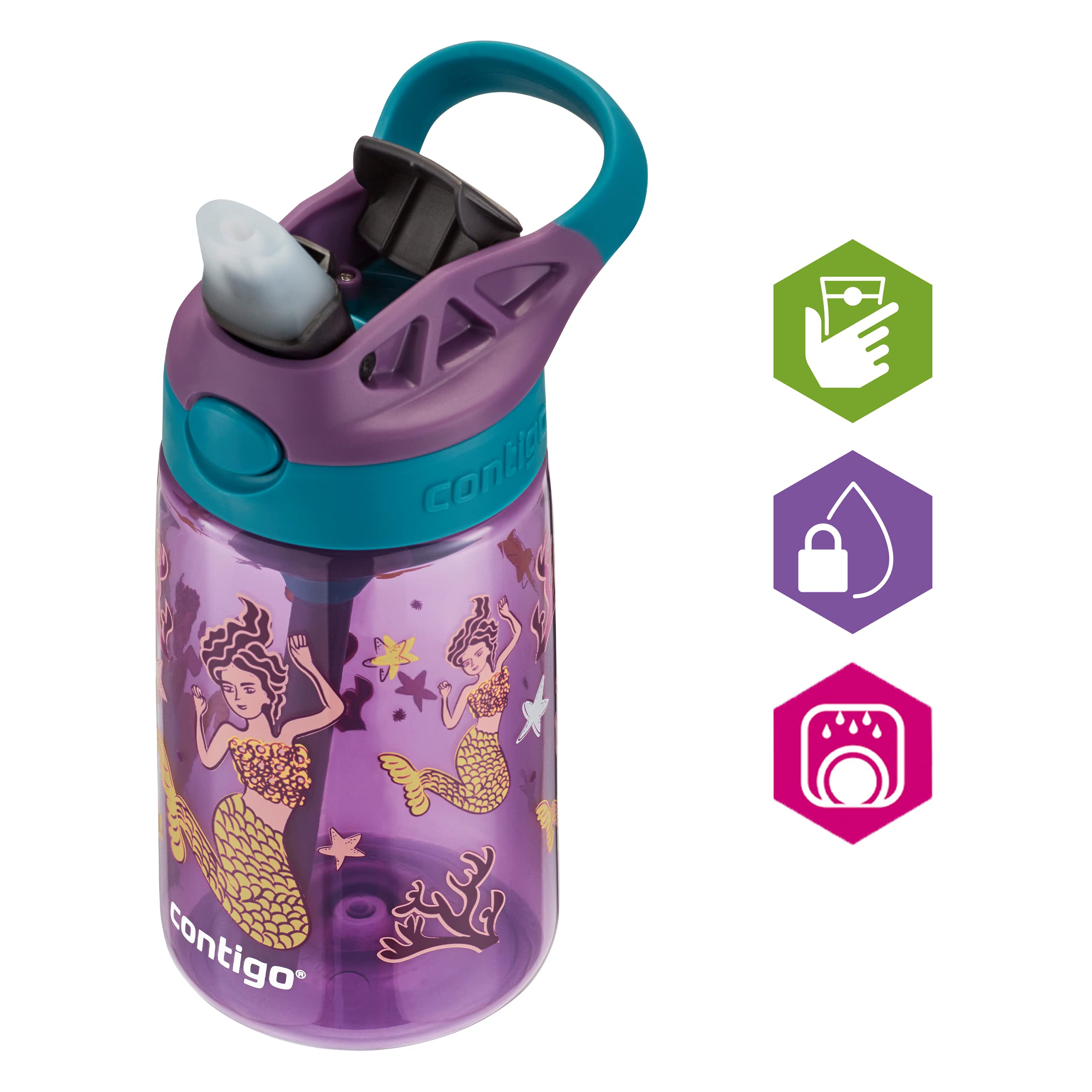Contigo Kids’ Easy-Clean AUTOSPOUT Straw Water Bottle; BPA-free, robust water bottle; 100% leak-proof; easy-clean; ideal for daycare, preschool, school and sports; 14 oz
