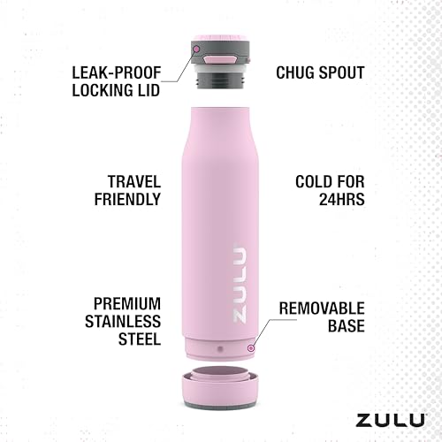 ZULU Ace 24oz Vacuum Insulated Stainless Steel Water Bottle with Chug Spout, Leak-Proof Locking Lid and Removable Base, Metal Reusable Bottle for Sports Gym Travel, Pink Cashmere