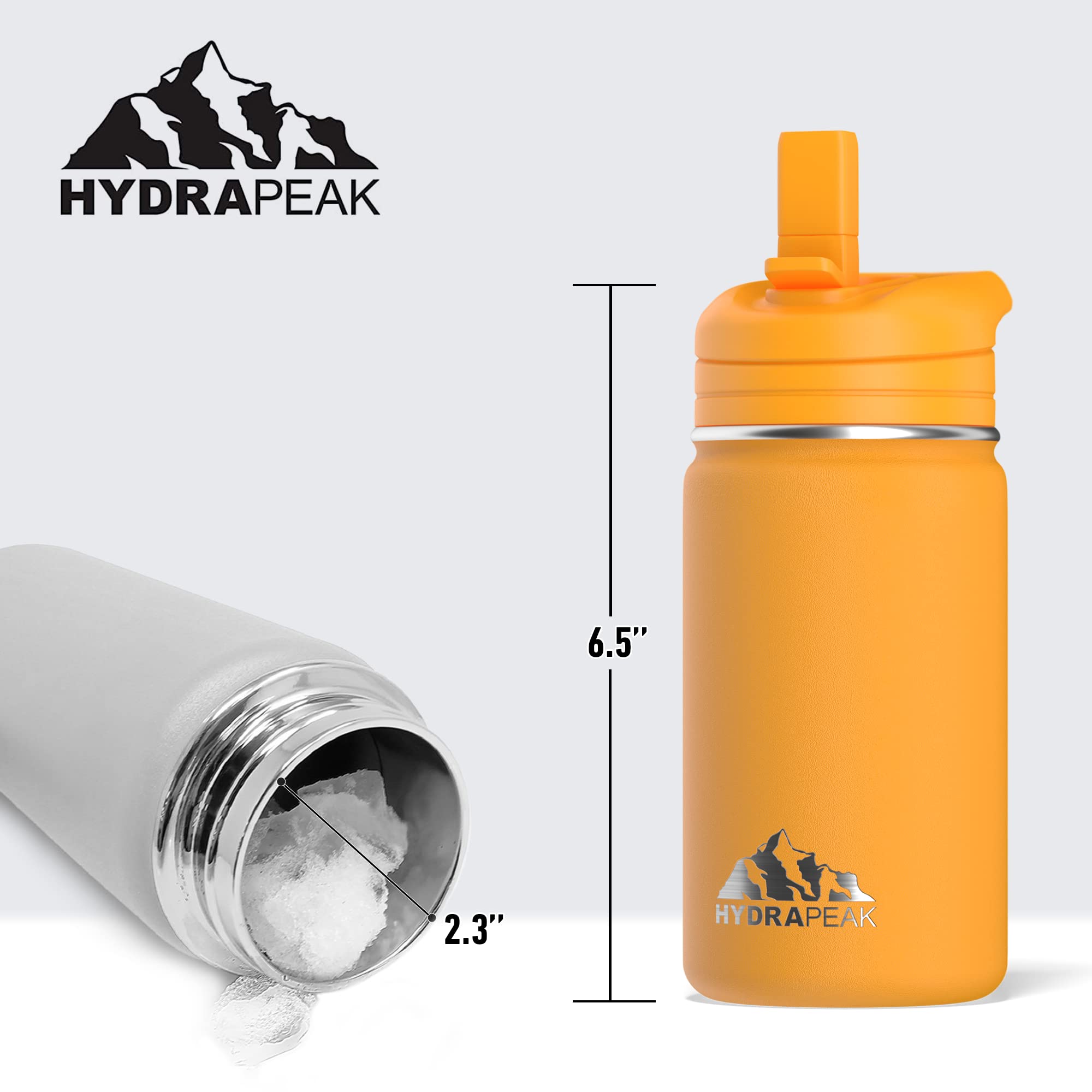 Hydrapeak Mini 14oz Kids Water Bottle with Straw Lid, Stainless Steel Double Wall Insulated Water Bottle for Kids | Leak-Proof and Spill-Proof Kids Water Bottle for School, 24 Hours Cold (Mango)