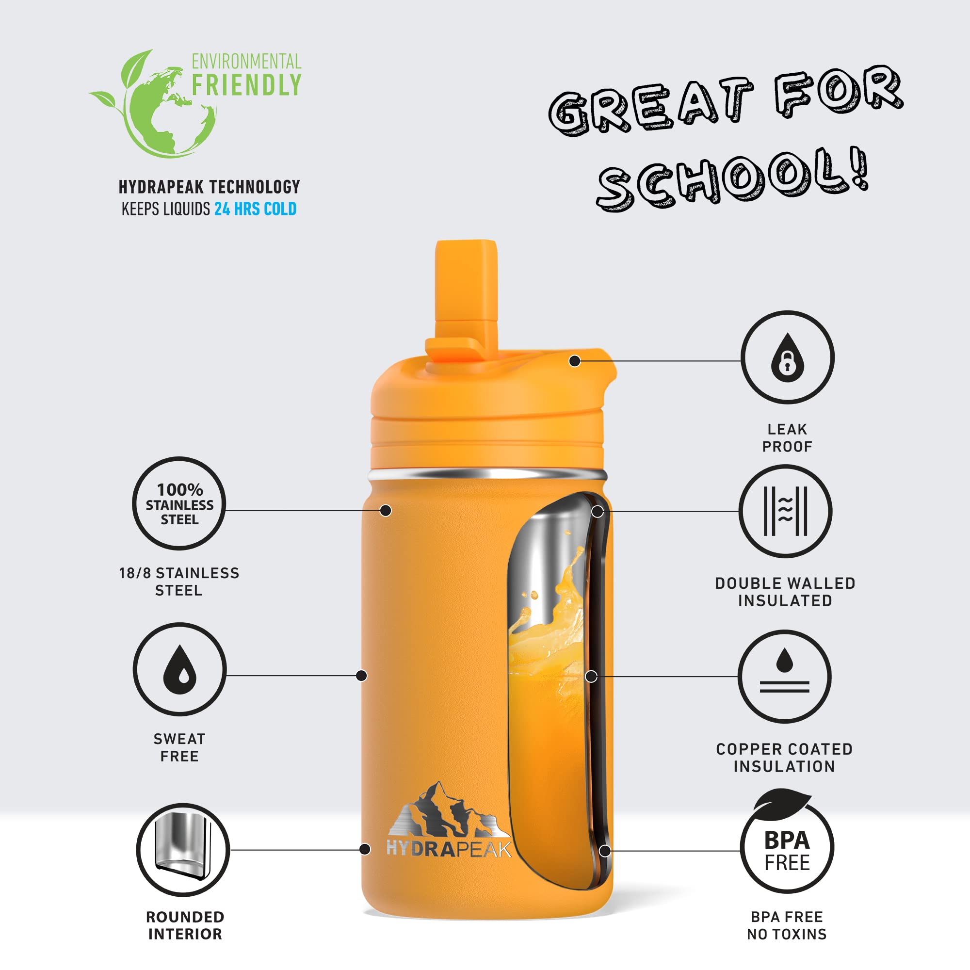 Hydrapeak Mini 14oz Kids Water Bottle with Straw Lid, Stainless Steel Double Wall Insulated Water Bottle for Kids | Leak-Proof and Spill-Proof Kids Water Bottle for School, 24 Hours Cold (Mango)