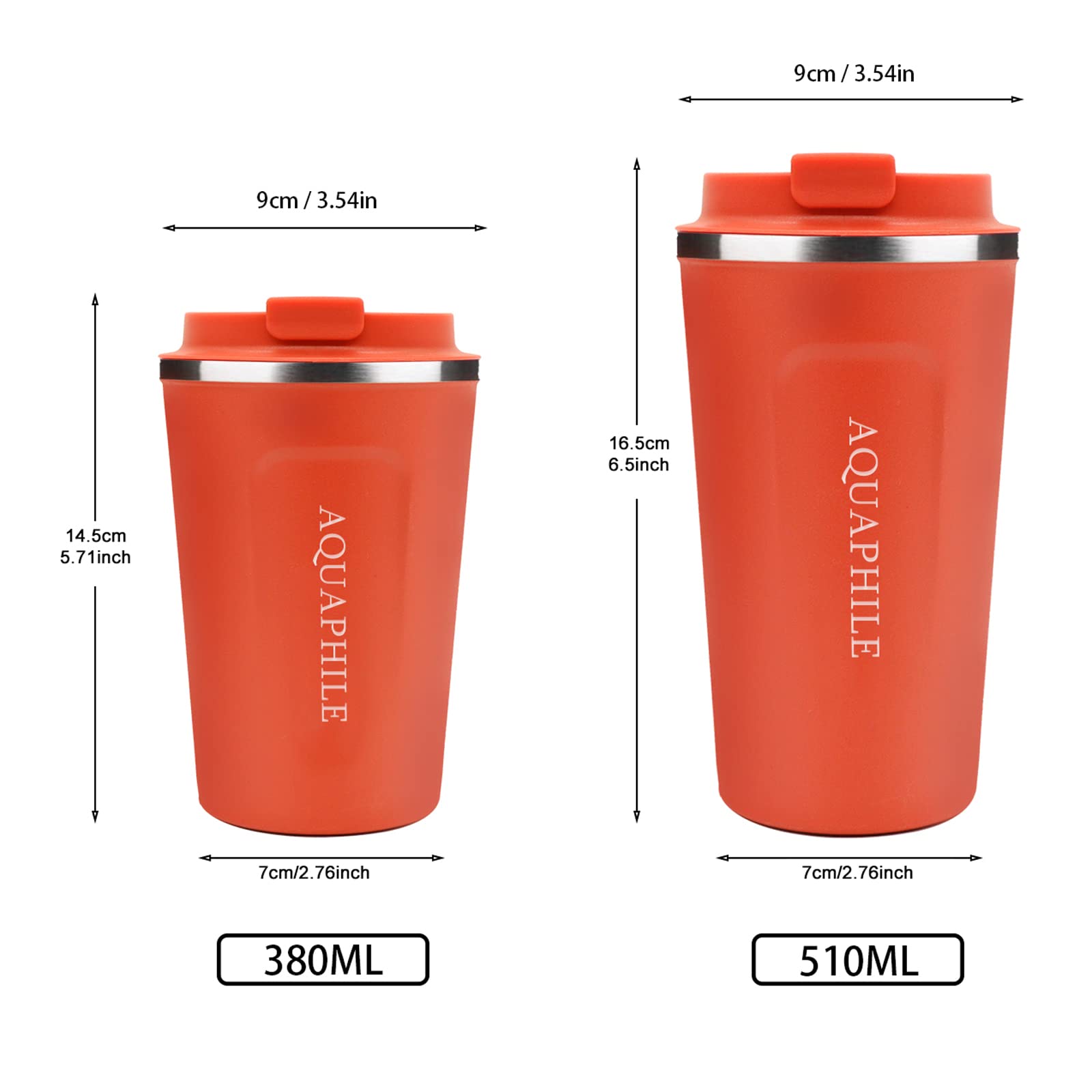 AQUAPHILE Reusable Coffee Cup, Coffee Travel Mug with Leak-proof Lid, Thermal Mug Double Walled Insulated Cup, Stainless Steel Portable Coffee Tumbler, for Hot and Cold Drinks（Orange,12oz)