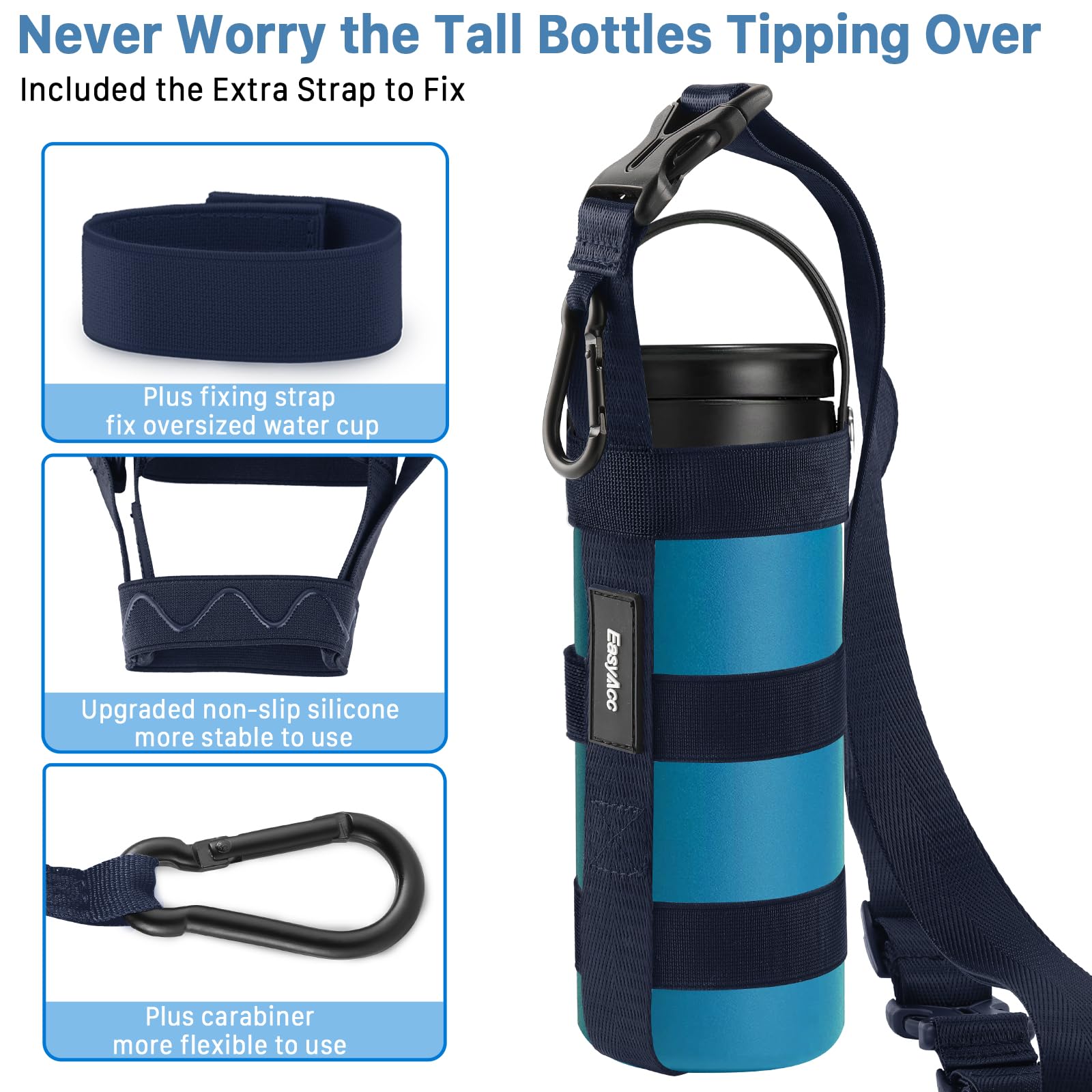 Water Bottle Holder with Strap, Water Bottle Carrier with Adjustable Shoulder Strap & Carabiner for 12/25/32/40/64 oz Universal/Hydro Flask Water Bottles for Walking Hiking Gym (Bottle Excluded)