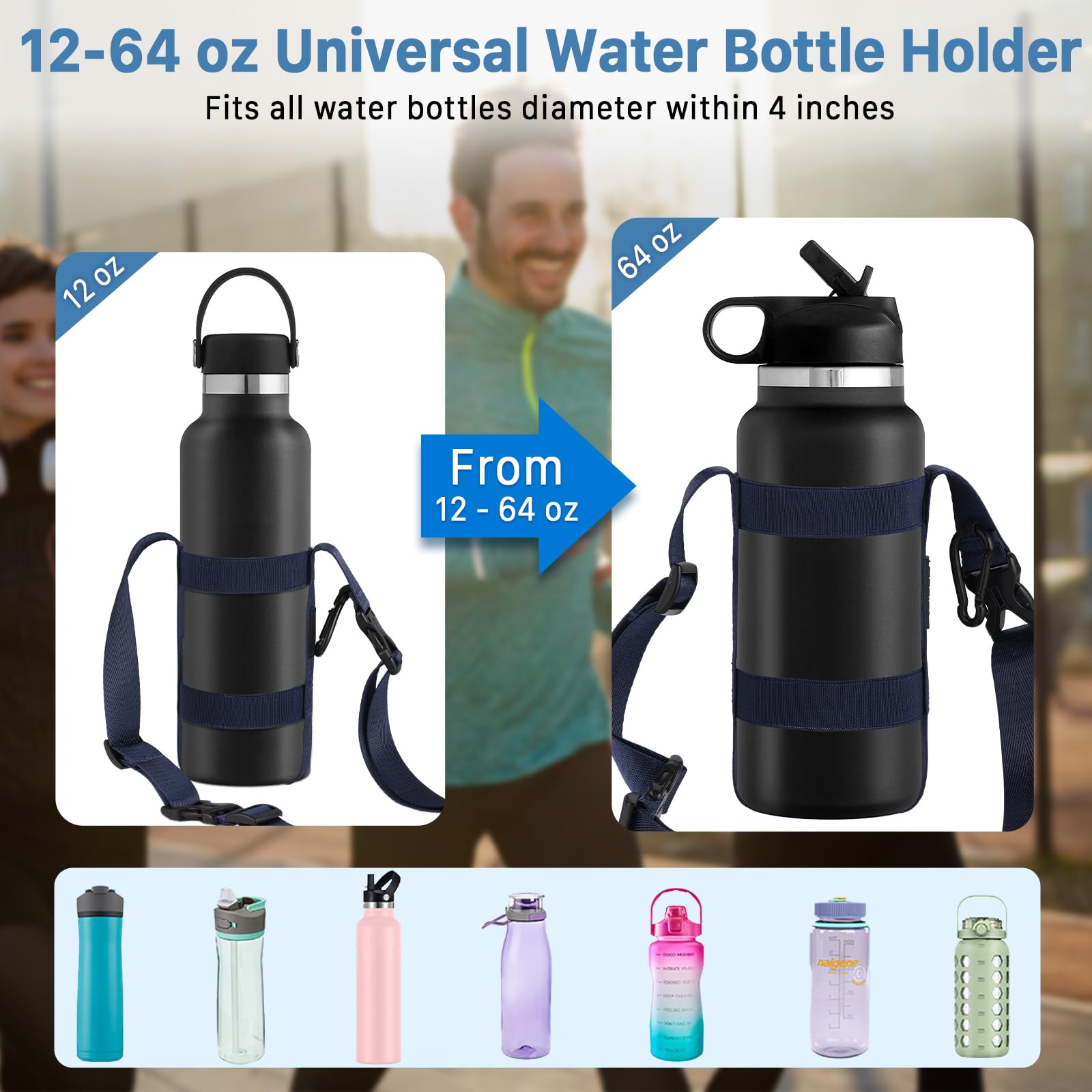 Water Bottle Holder with Strap, Water Bottle Carrier with Adjustable Shoulder Strap & Carabiner for 12/25/32/40/64 oz Universal/Hydro Flask Water Bottles for Walking Hiking Gym (Bottle Excluded)