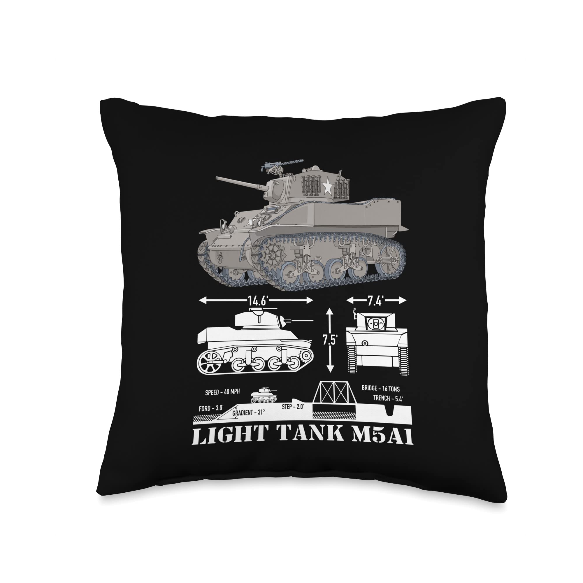 WWII Vehicles by Maljay M5A1 Light American WW2 Tanks Infographic Diagram Throw Pillow, 16x16, Multicolor