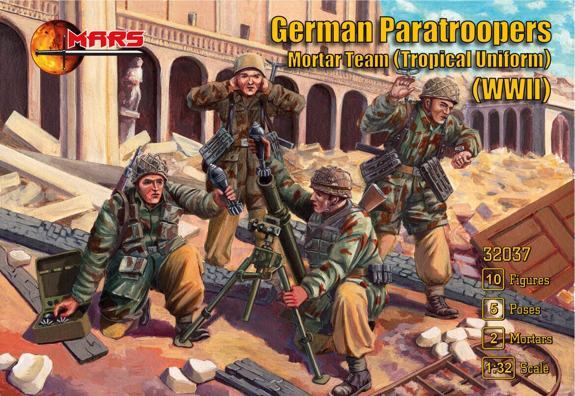 Mars Figures 32037-1/32 German Paratrooper Mortar Team (Tropical Uniform) WWII