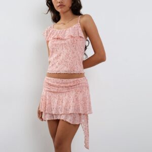 Onfmst Women 2 Piece Summer Skirt Set Sleeveless Ruffle Trim Crop Cami Tops Mini Ruffle Layer Skirt Set Clubwear (Pink, S)