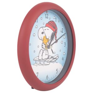 Mark Feldstein & Associates Peanuts Snoopy On Sled Linus and Lucy Sound Blue 8 x 8 Christmas Clock