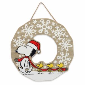 open road brands peanuts snoopy snowflake wreath hanging wood wall decor - nostalgic peanuts christmas sign for holiday home decorating