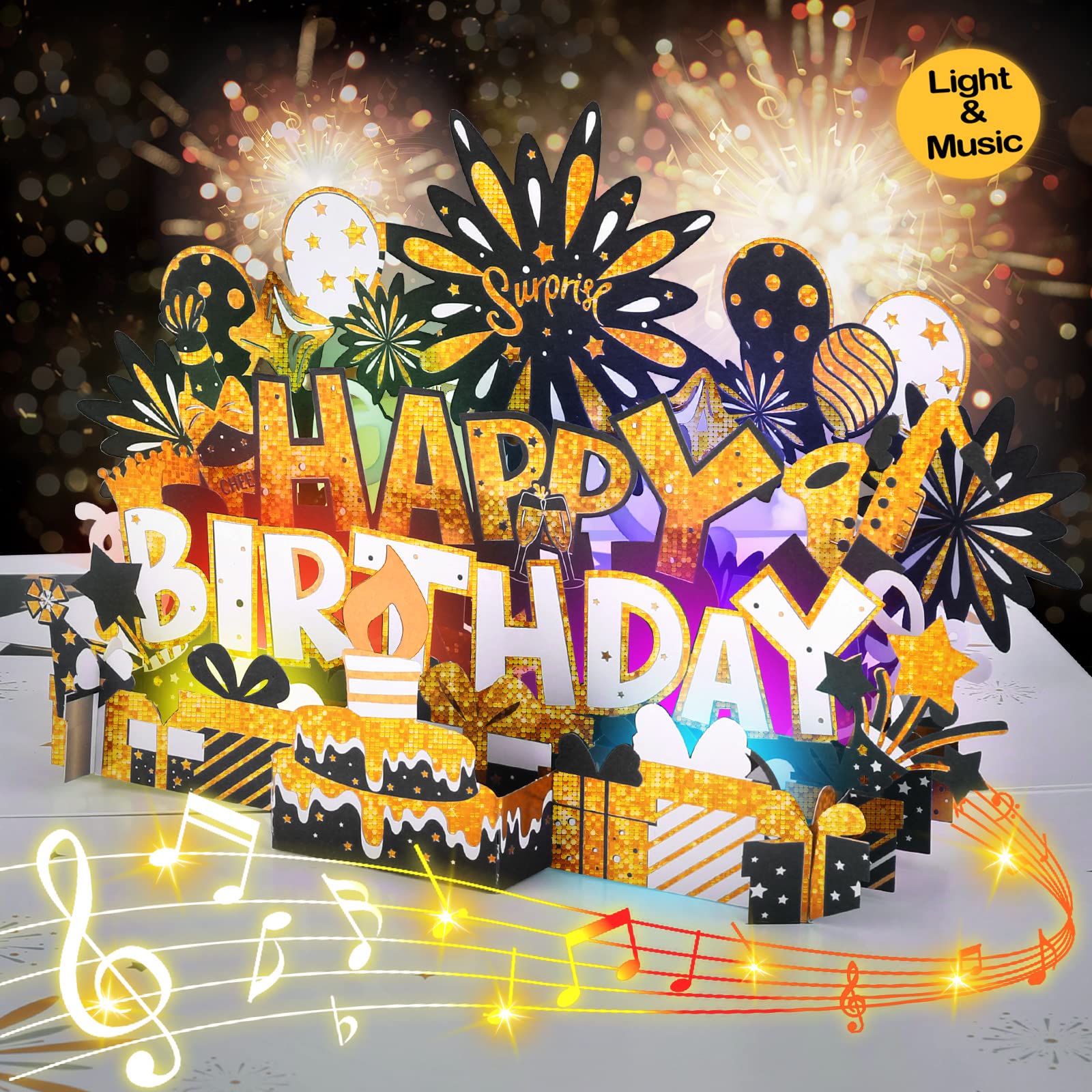 BYKOOO Birthday Card | Musical Pop Up Birthday Cards w Light | LED Light & Play Happy Birthday Music Pop Up Card | Greeting Cards Gifts Birthday Gift for Him or Her | Black Gold (Music & Lighting)