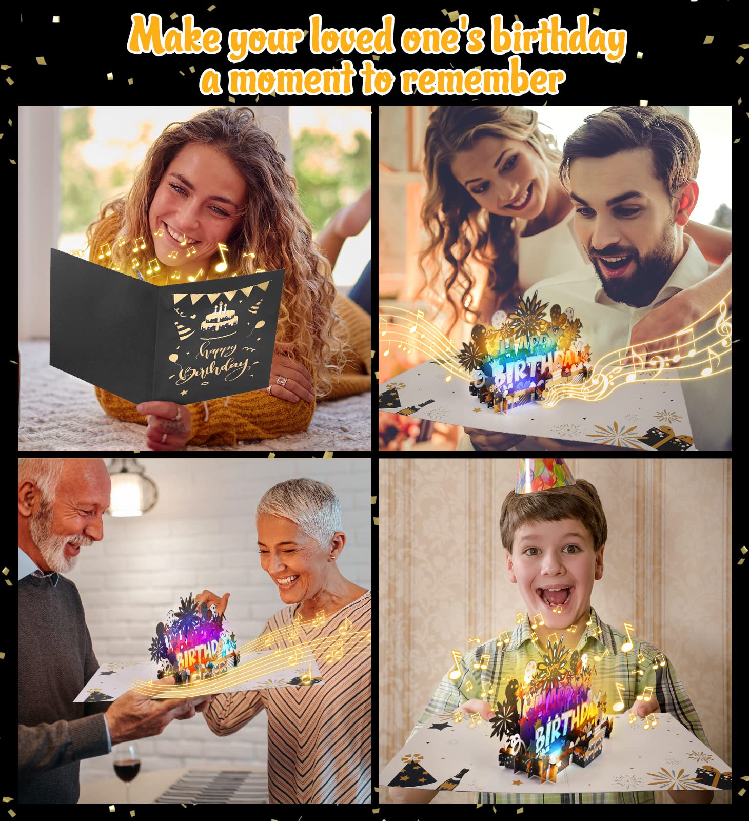 BYKOOO Birthday Card | Musical Pop Up Birthday Cards w Light | LED Light & Play Happy Birthday Music Pop Up Card | Greeting Cards Gifts Birthday Gift for Him or Her | Black Gold (Music & Lighting)