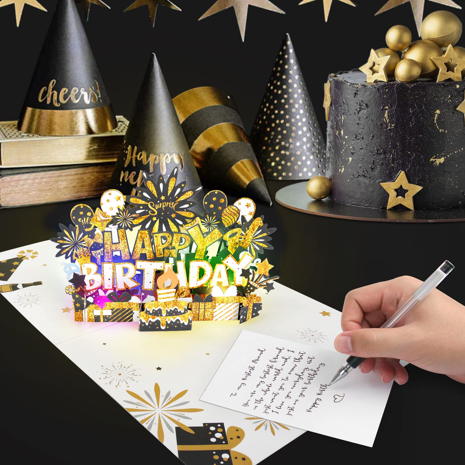 BYKOOO Birthday Card | Musical Pop Up Birthday Cards w Light | LED Light & Play Happy Birthday Music Pop Up Card | Greeting Cards Gifts Birthday Gift for Him or Her | Black Gold (Music & Lighting)