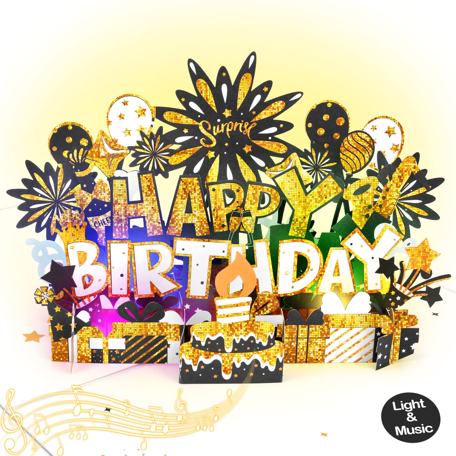 BYKOOO Birthday Card | Musical Pop Up Birthday Cards w Light | LED Light & Play Happy Birthday Music Pop Up Card | Greeting Cards Gifts Birthday Gift for Him or Her | Black Gold (Music & Lighting)