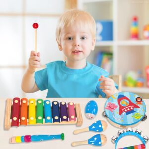 Wooden Musical Instruments Set for Toddlers 1-3, Natural Wood Percussion Instruments Xylophone Gift Set for Girls Boys Kids ,Preschool Educational Musical Toys with Storage Bag (Blue)