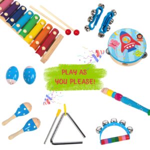 Wooden Musical Instruments Set for Toddlers 1-3, Natural Wood Percussion Instruments Xylophone Gift Set for Girls Boys Kids ,Preschool Educational Musical Toys with Storage Bag (Blue)