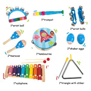 Wooden Musical Instruments Set for Toddlers 1-3, Natural Wood Percussion Instruments Xylophone Gift Set for Girls Boys Kids ,Preschool Educational Musical Toys with Storage Bag (Blue)