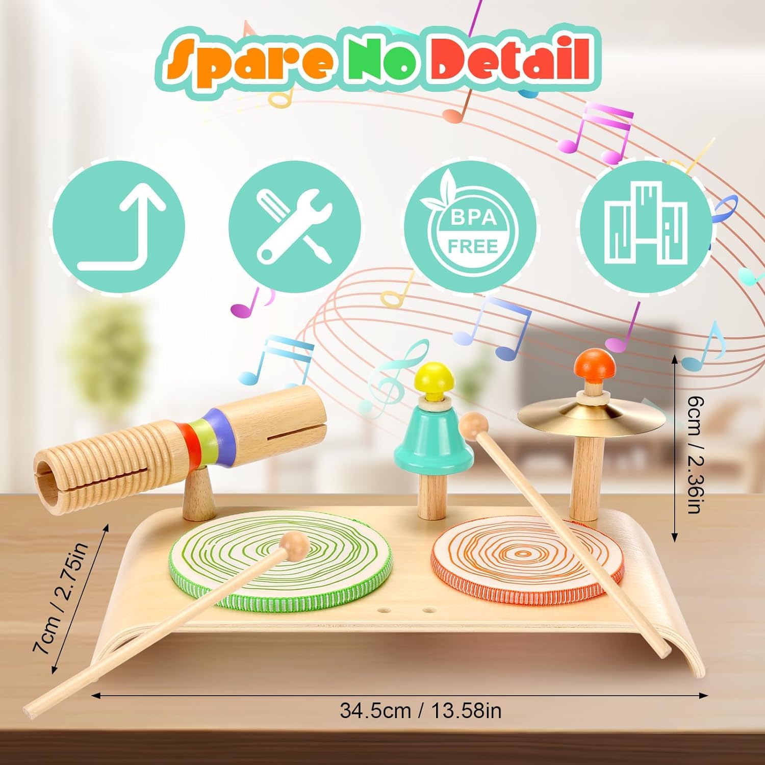 Wingyz Kids Drum Set, Baby Musical Instruments Toys for Toddlers , 6 in 1 Wooden Musical Table Top Drum Kit Play Set, Educational Percussion Drum Sensory Toys Montessori Toys for Kids