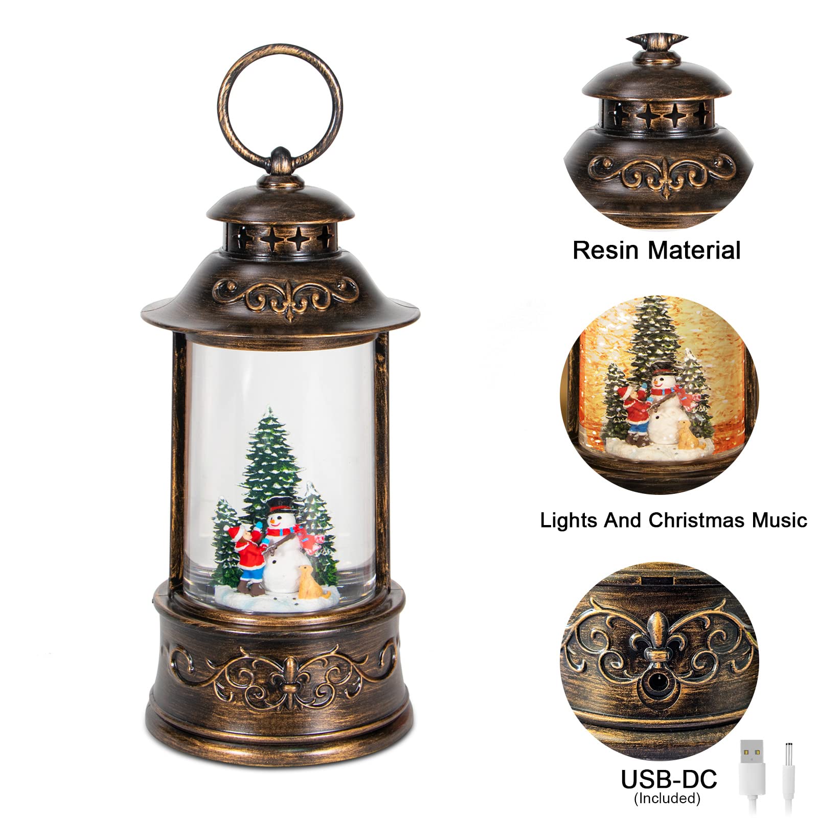 Christmas Snow Globe Lantern Musical,6H Timer Cylinder Glitter Snow Globe,Bronze Snow Globes Christmas with Music Box Including 8 Songs,Lantern with Xmas Tree Snowman Decor