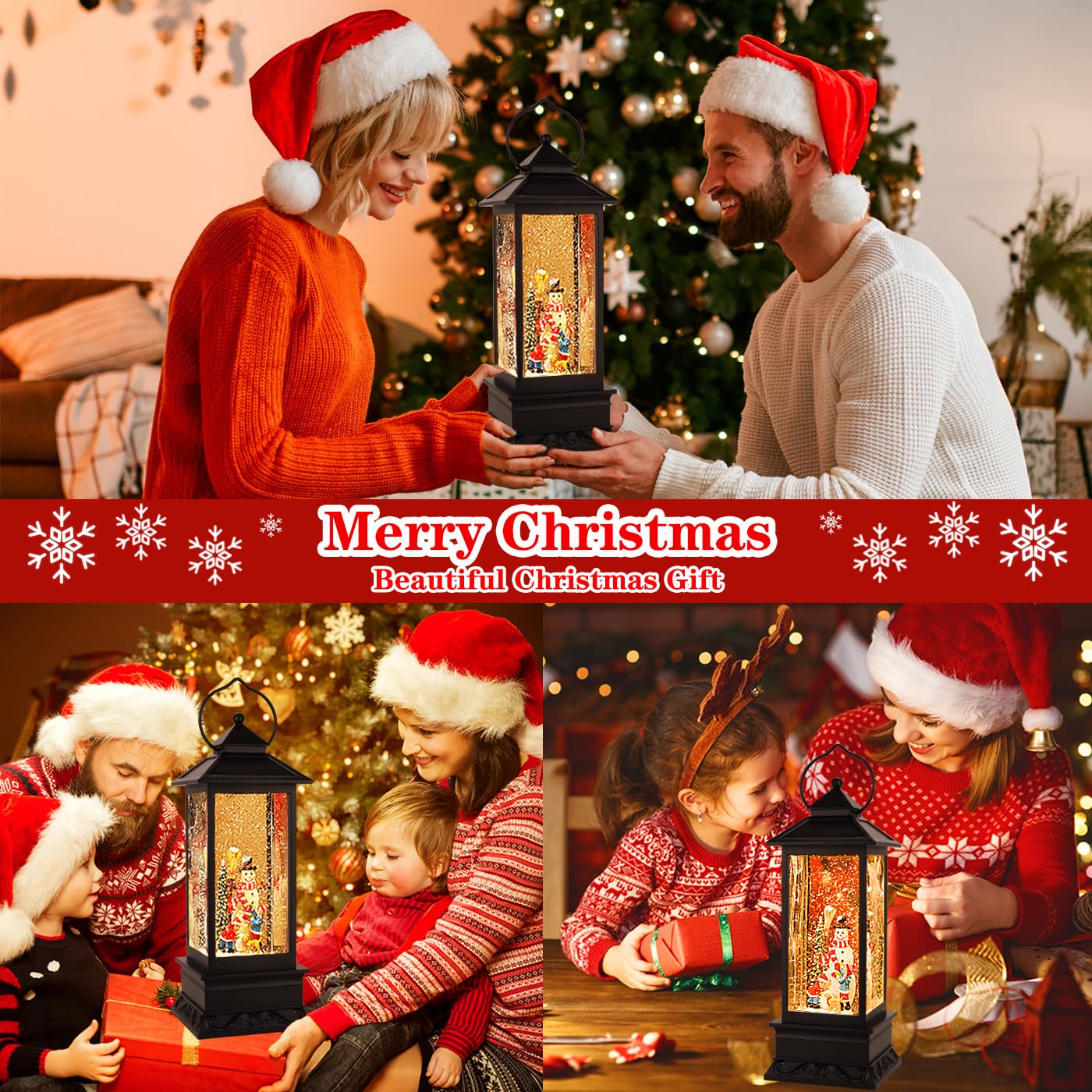 Snow Globes Christmas Lantern, Christmas Decorations Musical Snow Globe Lantern, LED Lighted USB or Battery Operated Spinning Water Glitters Lighted Singing Lantern Christmas Home Decor and Xmas Gift