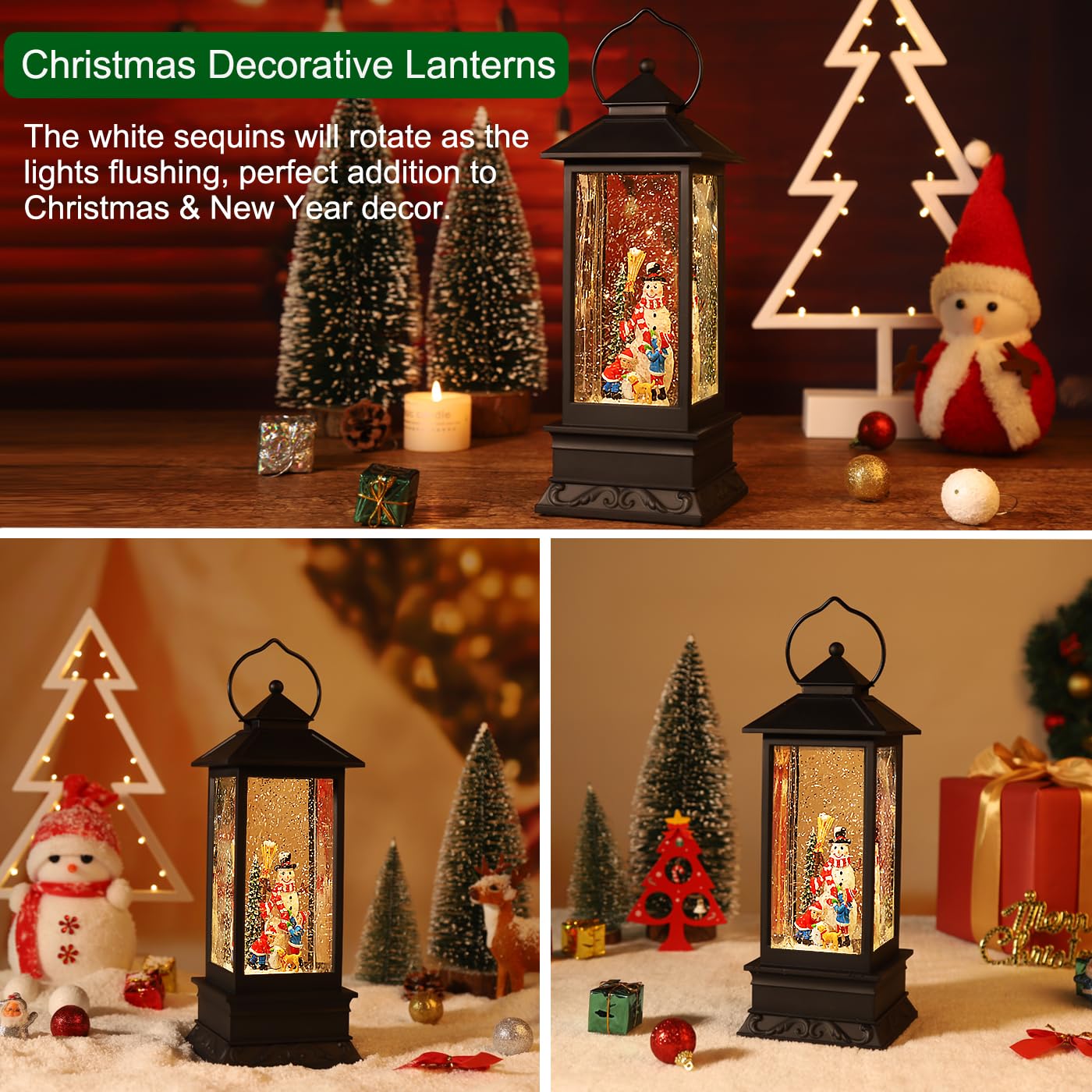 Snow Globes Christmas Lantern, Christmas Decorations Musical Snow Globe Lantern, LED Lighted USB or Battery Operated Spinning Water Glitters Lighted Singing Lantern Christmas Home Decor and Xmas Gift