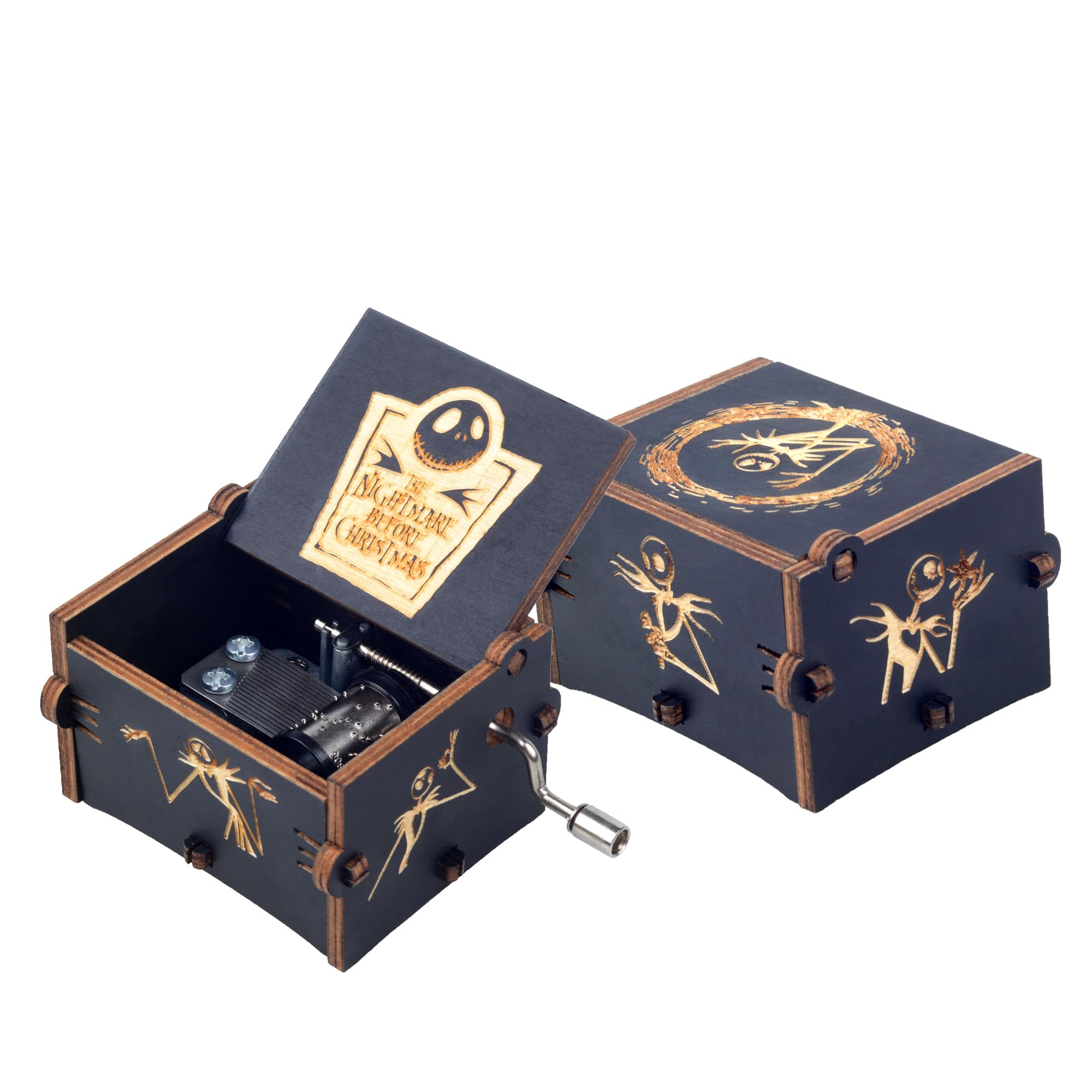 Kcikn Music Box Wooden Engraved The Nightmare Hand-cranked Musical Box, Playing Melody This is Halloween Music Box for Halloween Christmas Thanksgiving Black (Small Size)