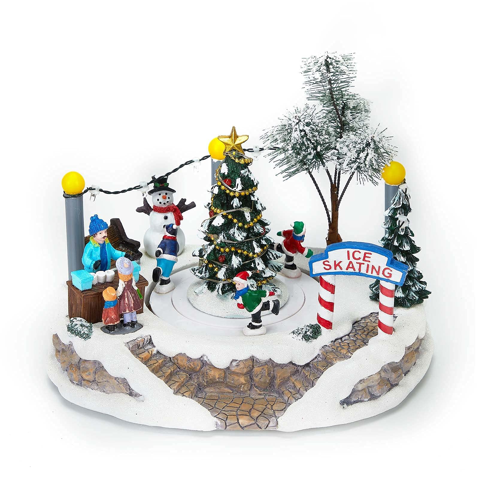 innodept12 Winter LED-Lighted Christmas Village Scene, Illuminated & Animated Lighted Musical Christmas Village with Center Tree and Moving Ice Skating Rink Decoration, Battery Operated