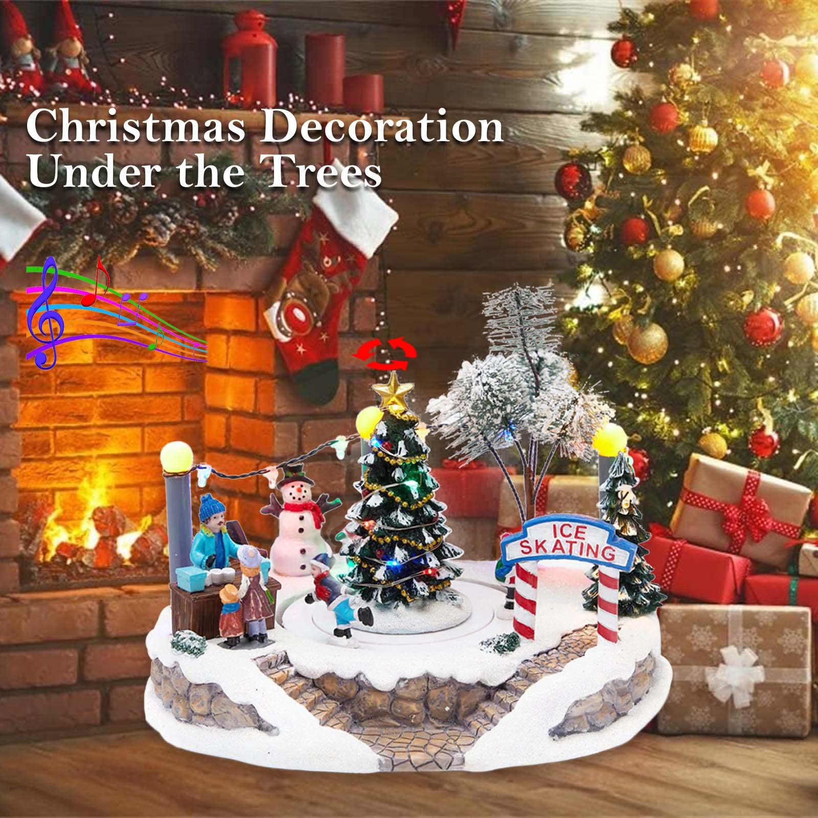 innodept12 Winter LED-Lighted Christmas Village Scene, Illuminated & Animated Lighted Musical Christmas Village with Center Tree and Moving Ice Skating Rink Decoration, Battery Operated