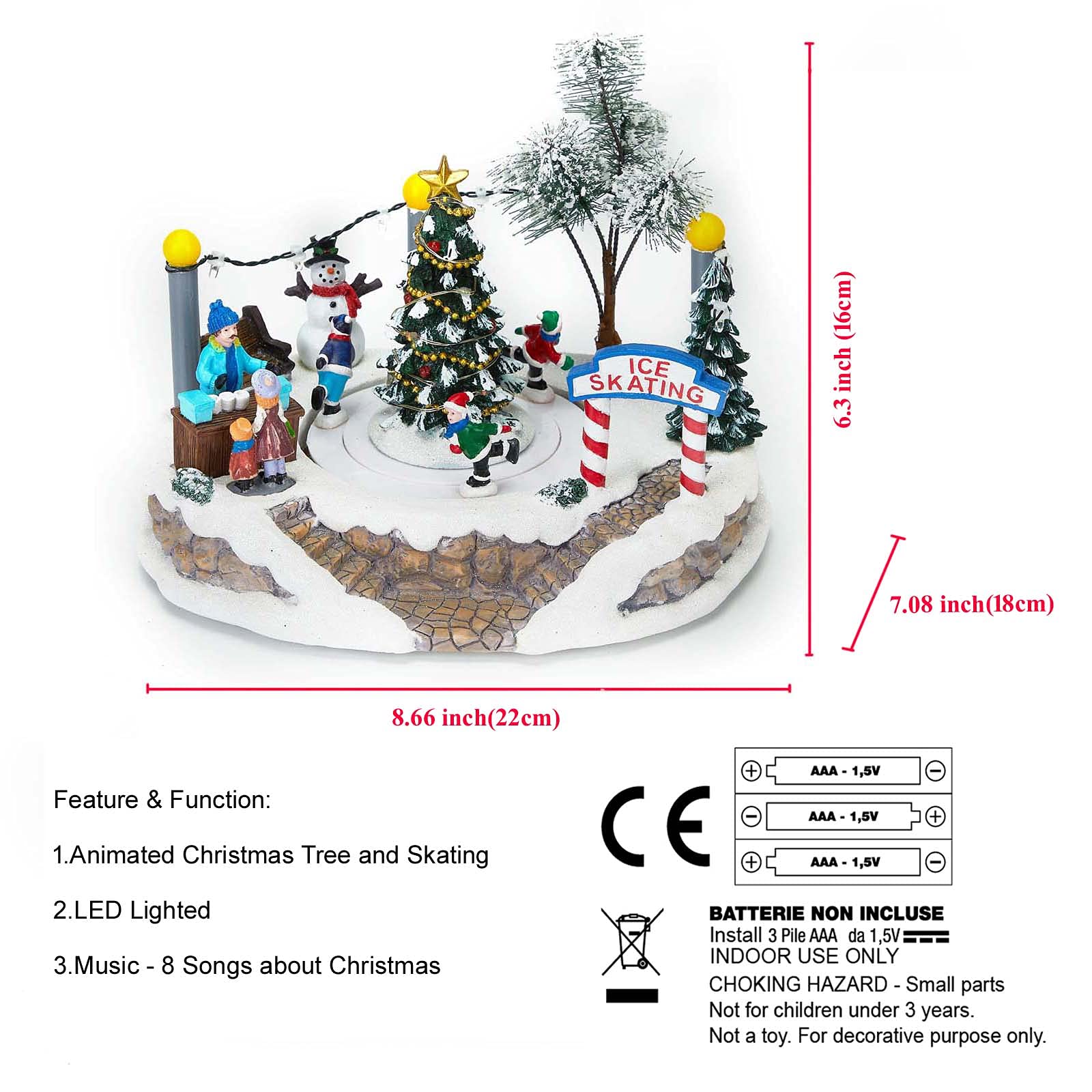 innodept12 Winter LED-Lighted Christmas Village Scene, Illuminated & Animated Lighted Musical Christmas Village with Center Tree and Moving Ice Skating Rink Decoration, Battery Operated