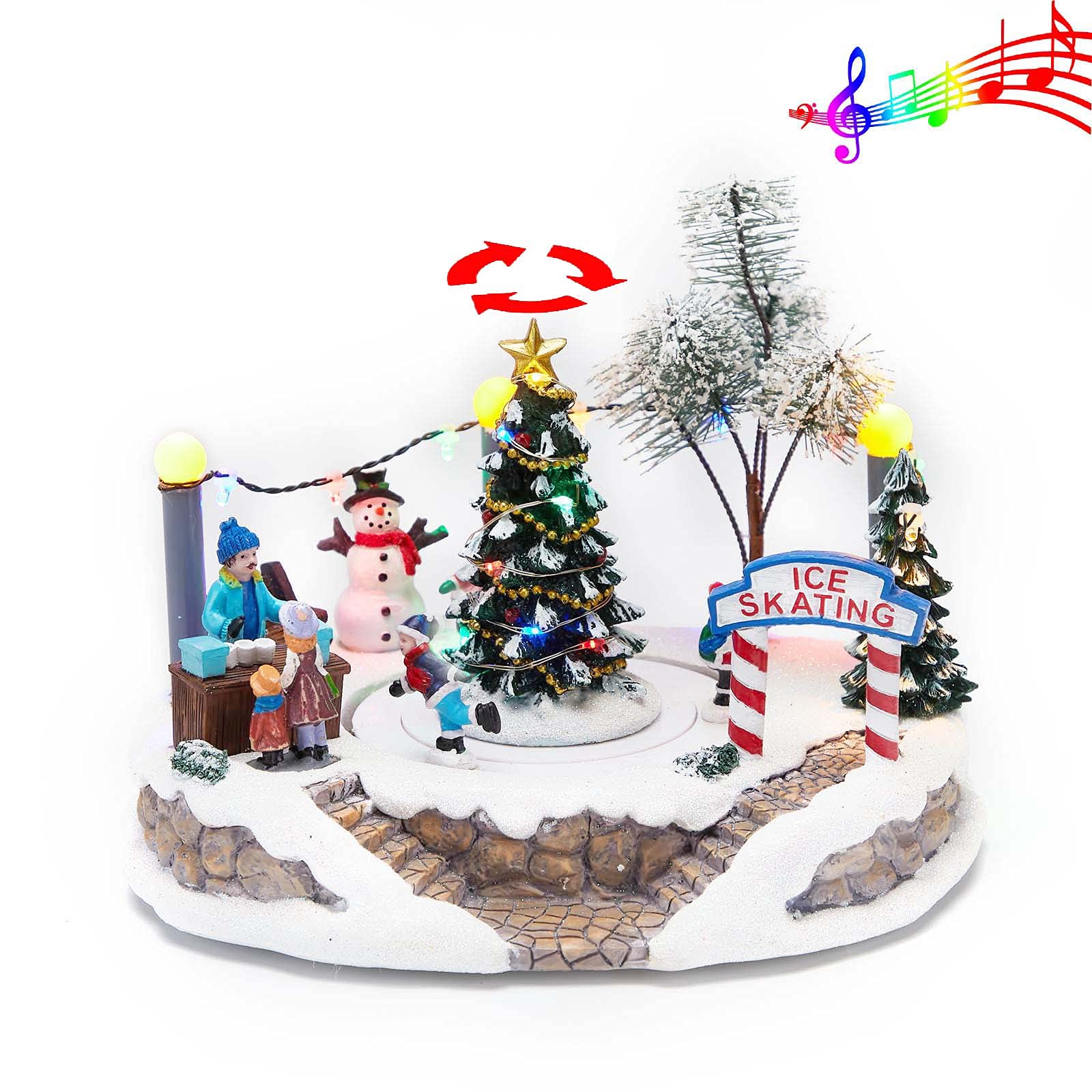 innodept12 Winter LED-Lighted Christmas Village Scene, Illuminated & Animated Lighted Musical Christmas Village with Center Tree and Moving Ice Skating Rink Decoration, Battery Operated