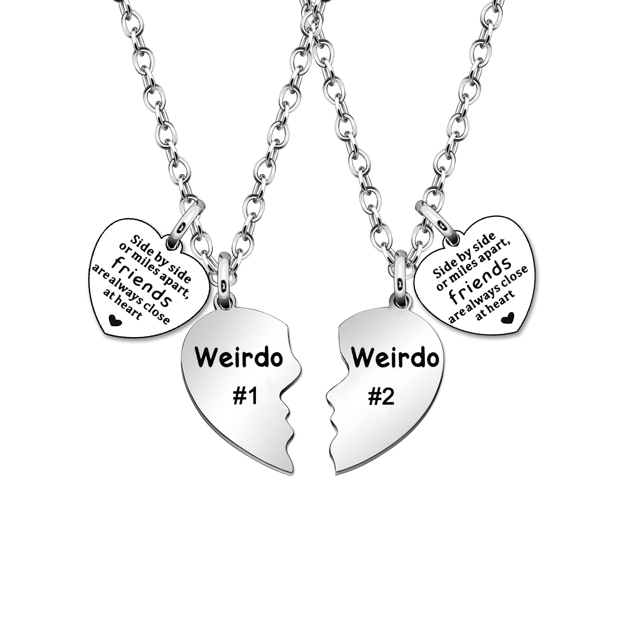 Friendship Gifts, 2Pcs Weirdo 1 & Weirdo 2 Heart Necklaces Best Friends Necklace Gift BFF Gifts Siister Gifts for 2 Couples Lovers Gifts Birthday Gifts Christmas Gifts (silver, friends)