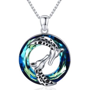 Midir&Etain Giraffe Necklace 925 Sterling Silver Animal Pendant Necklace with Circle Crystal Giraffe Jewelry Gifts for Women for St Patricks Day